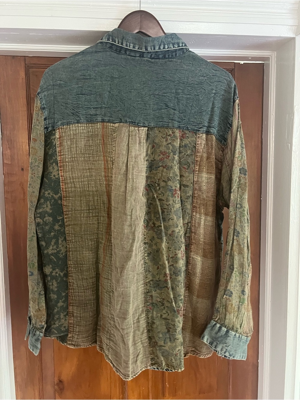 Young Threads Patchwork Washed Denim Button-Up Boho Shirt Jacket with pockets. - Picture 2 of 6